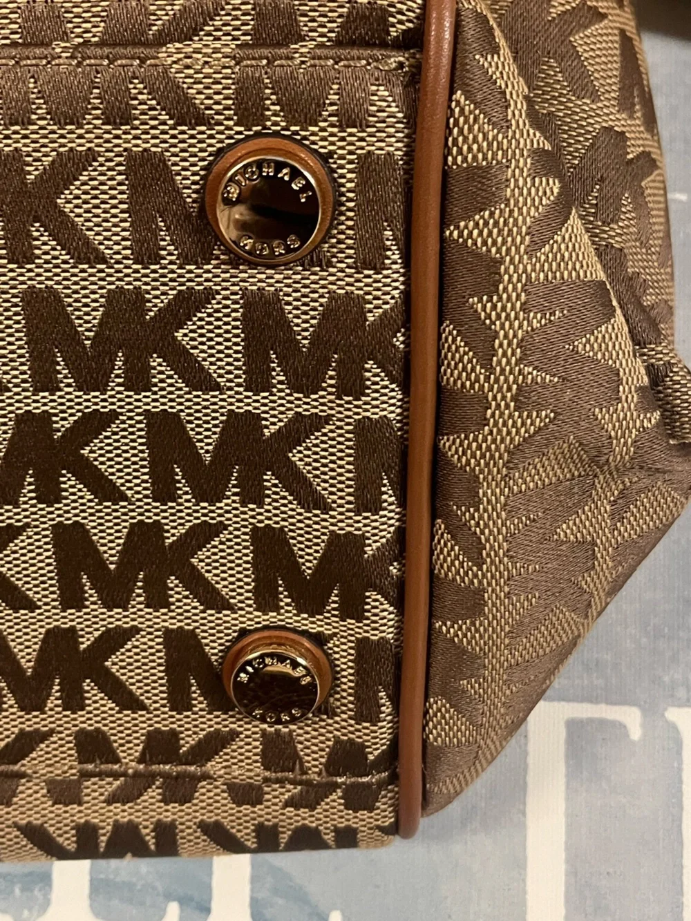 Michael Kors Brown MK Logo Satchel with Striped Yellow-Brown Shoulder Strap